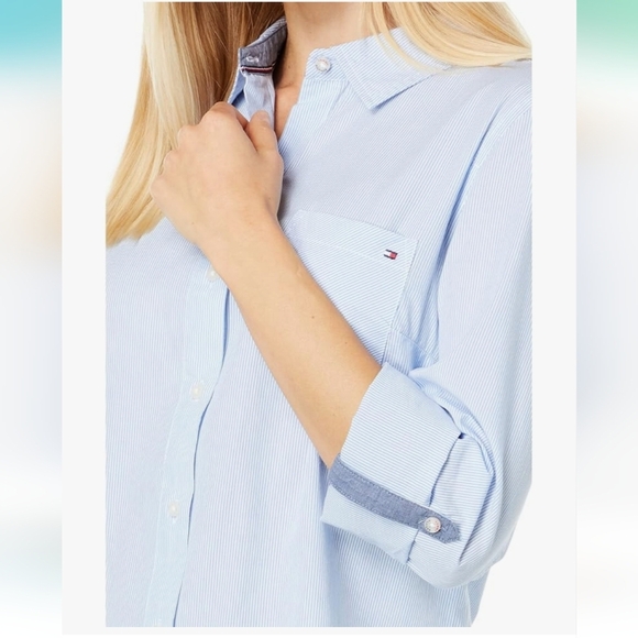 Tommy Hilfiger Women’s Cotton Pinstripe Button Down Shirt Blue Size Xl - Picture 5 of 10